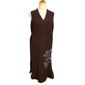 Norton McNaughton dress VTG Linen Sheath Maxi Brown Floral embroidered size L